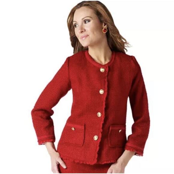 Joan Rivers Red Blazer Woven Jacket Size 10 Gold Button Parisian Chic Wool Crop - Picture 1 of 7